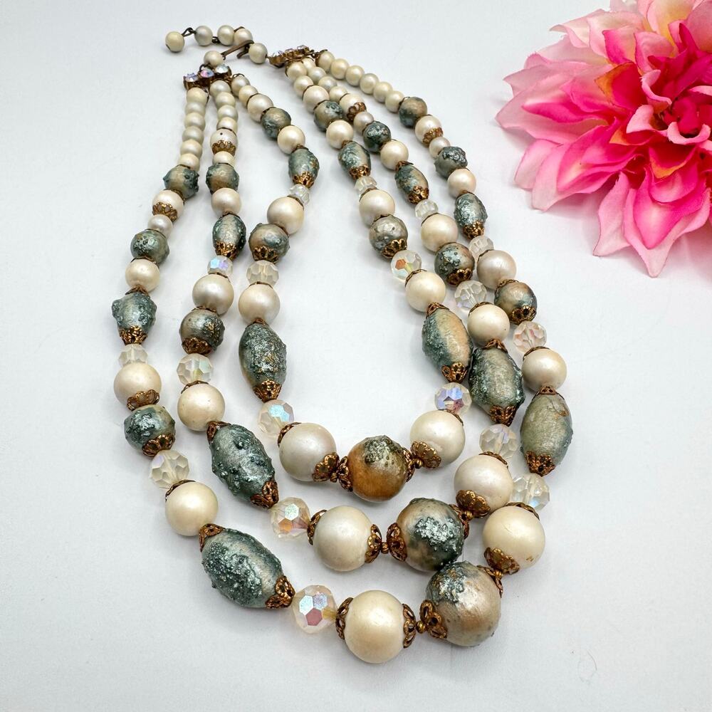Vintage AB Textured Melon Bead Faux Pearl Triple Strand Necklace Icy Blue 50s
